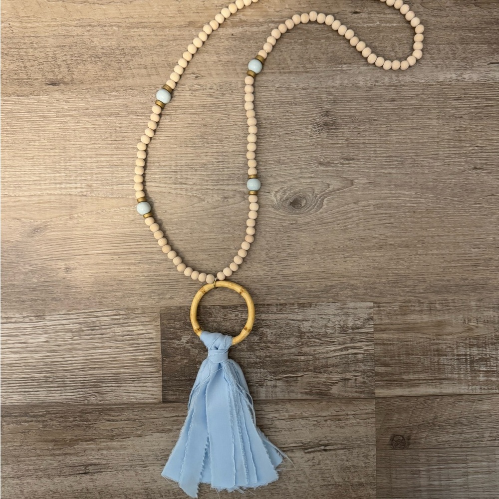 Cream and Blue Long Beaded Necklace with Circular Pendant